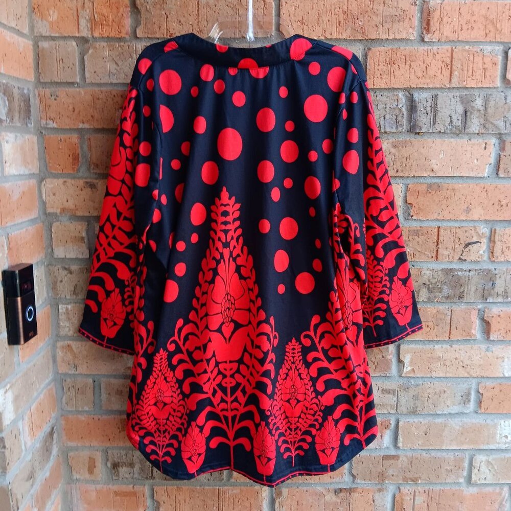Womens Top Blouse Tunic 3/4 Sleeves Front Pintucks Red Black Size 2XL - Picture 7 of 9